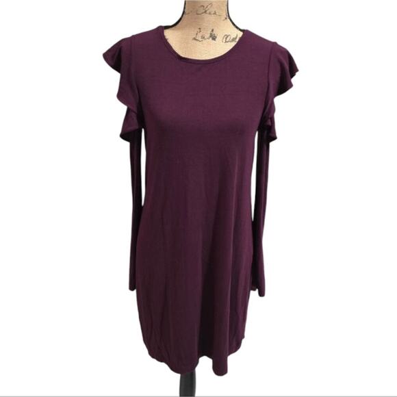 WHBM Chic Burgundy Ruffle Sleeve Stretch Comfy Dress Size Small - Picture 2 of 6